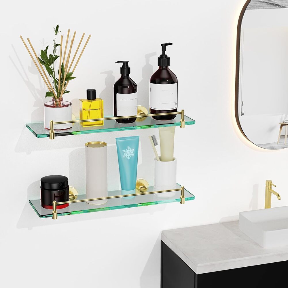 Open Box, Brushed Gold Glass Floating Bathroom Wall Shelf with Railing 16"